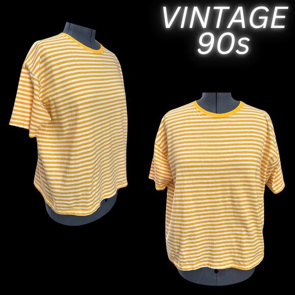 Vintage 90s Yellow Stripe TShirt Nautical Sailing Summer Beach Pool Vacation - Picture 1 of 10
